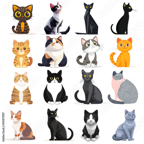 This image showcases a variety of adorable cartoon cats, each with different fur patterns and expressions. The cats are depicted in a simplistic