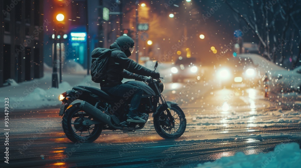 A motorcyclist rides through a snowy city street at night, amidst falling snowflakes and the soft glow of streetlights. A motorcyclist rides through a snowy city street at night, amidst falling snowflakes and the soft glow of streetlights.