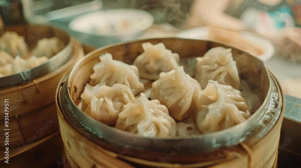 A steamer basket full of freshly steamed dumplings, emanating warmth and steam, indicative of the delicious, savory aroma of Asian street food. A steamer basket full of freshly steamed dumplings, emanating warmth and steam, indicative of the delicious, savory aroma of Asian street food.