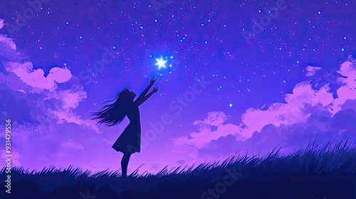 A silhouette of a woman reaching for a star in the night sky.