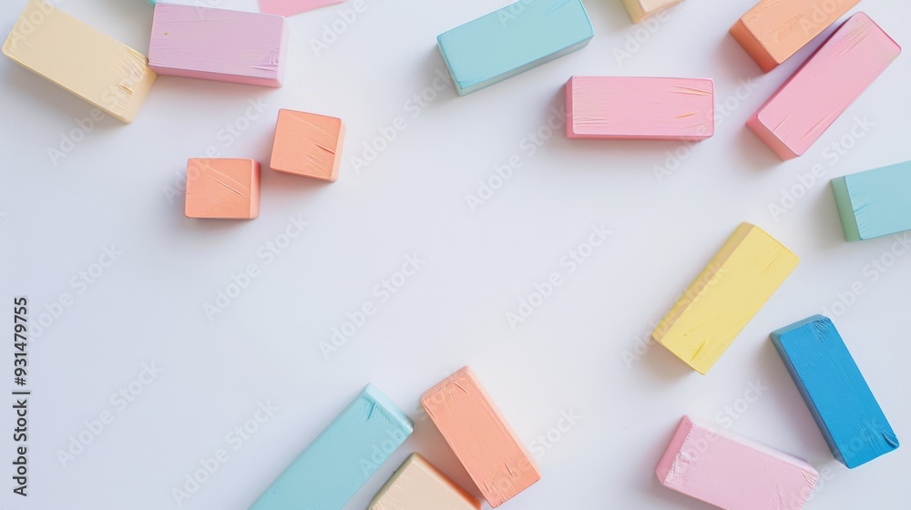 Multicolored erasers scattered on a white surface, creating a playful and chaotic yet organized artistic composition. Multicolored erasers scattered on a white surface, creating a playful and chaotic yet organized artistic composition.