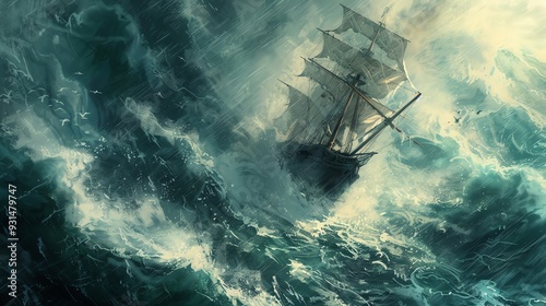 A ship sailing through a storm.