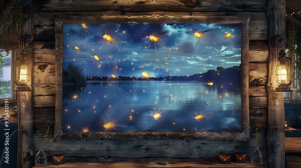 A hyper-realistic night view of Lampyridae over a calm lake, framed in a rustic wooden mockup on a restaurant wall. generative ai A hyper-realistic night view of Lampyridae over a calm lake, framed in a rustic wooden mockup on a restaurant wall. generative ai