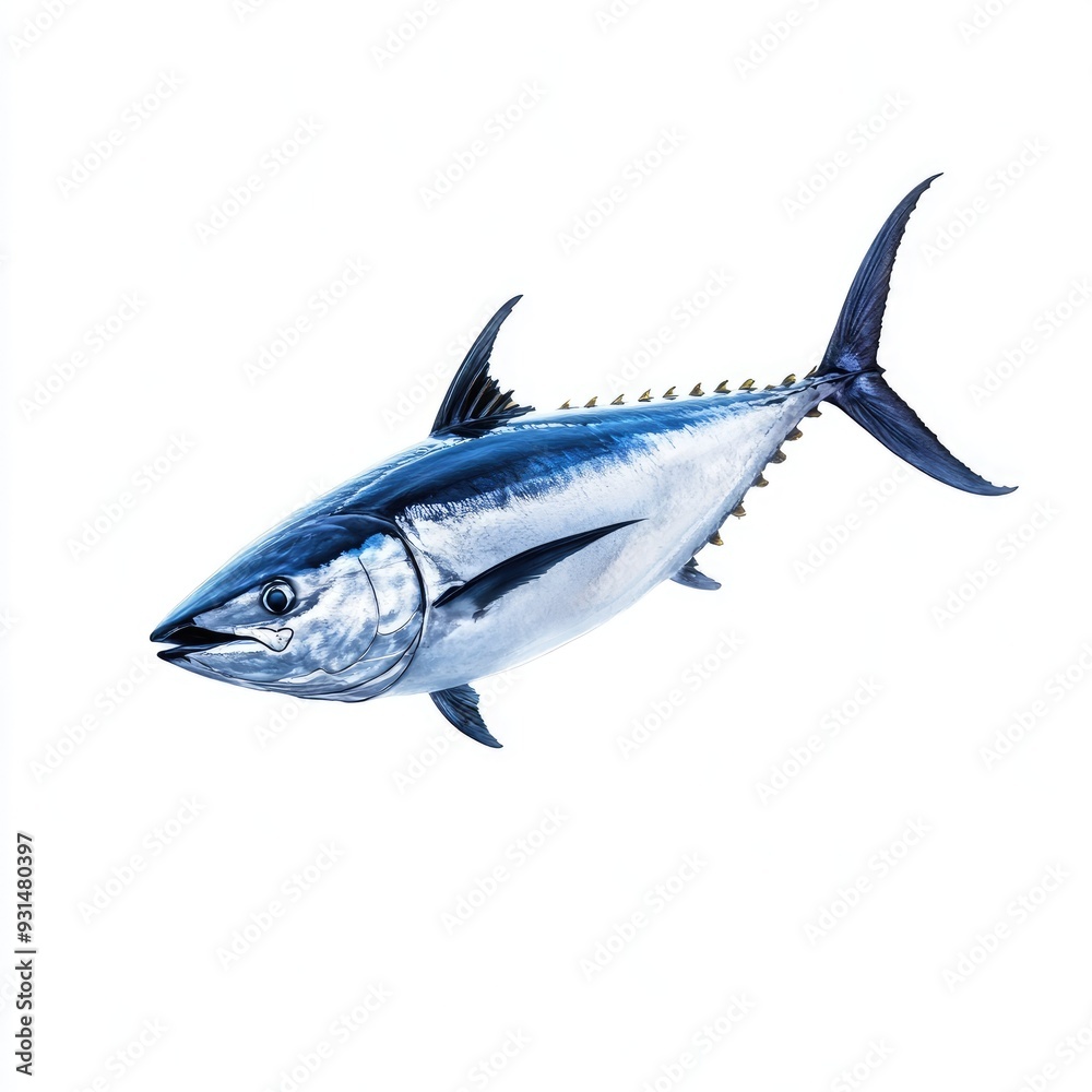 An action shot of a tuna mid-jump, showing its sleek form and vibrant details against a white backdrop An action shot of a tuna mid-jump, showing its sleek form and vibrant details against a white backdrop