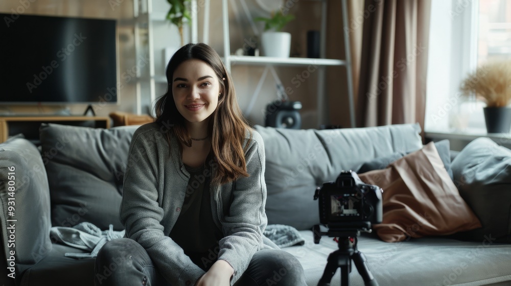 Obraz premium A woman seated on a modern sofa with a camera on a tripod, exuding a relaxed, homely atmosphere with soft lighting.