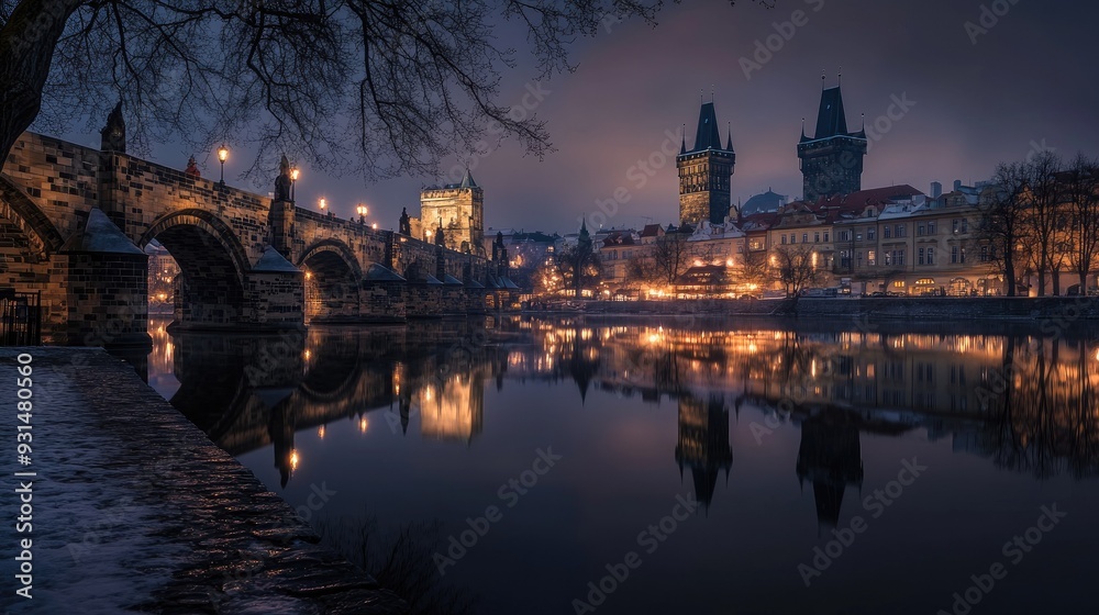 An enchanting night view of Charles Bridge with the Old Town Bridge Tower against a twilight sky, reflecting in the river. An enchanting night view of Charles Bridge with the Old Town Bridge Tower against a twilight sky, reflecting in the river.