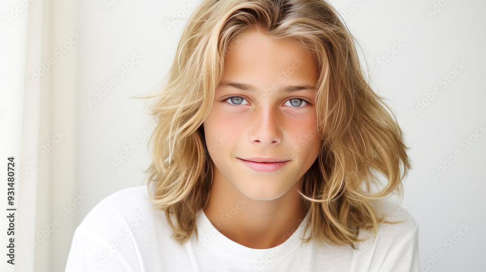 Portrait of a happy smiling blond, long haired confident teenage guy with perfect skin, white background, banner. Portrait of a happy smiling blond, long haired confident teenage guy with perfect skin, white background, banner.