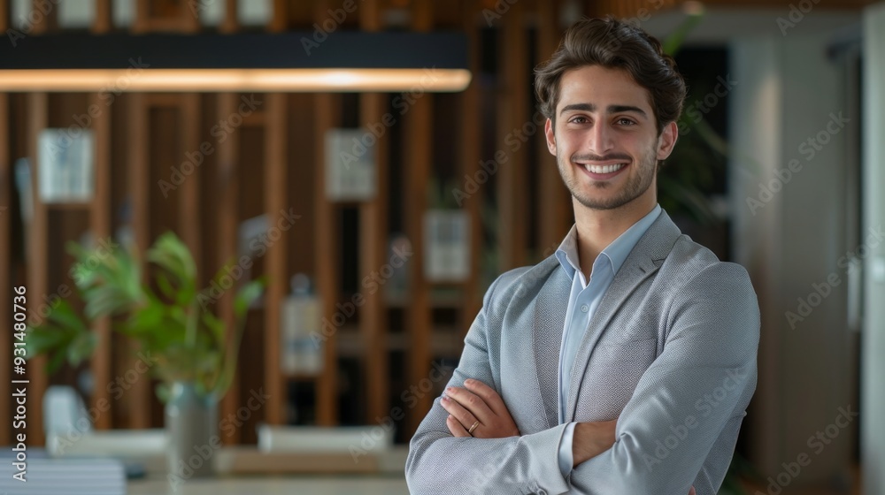 Obraz premium Smiling handsome businessman with crossed arms in modern office, young man exuding confidence, business success concept.