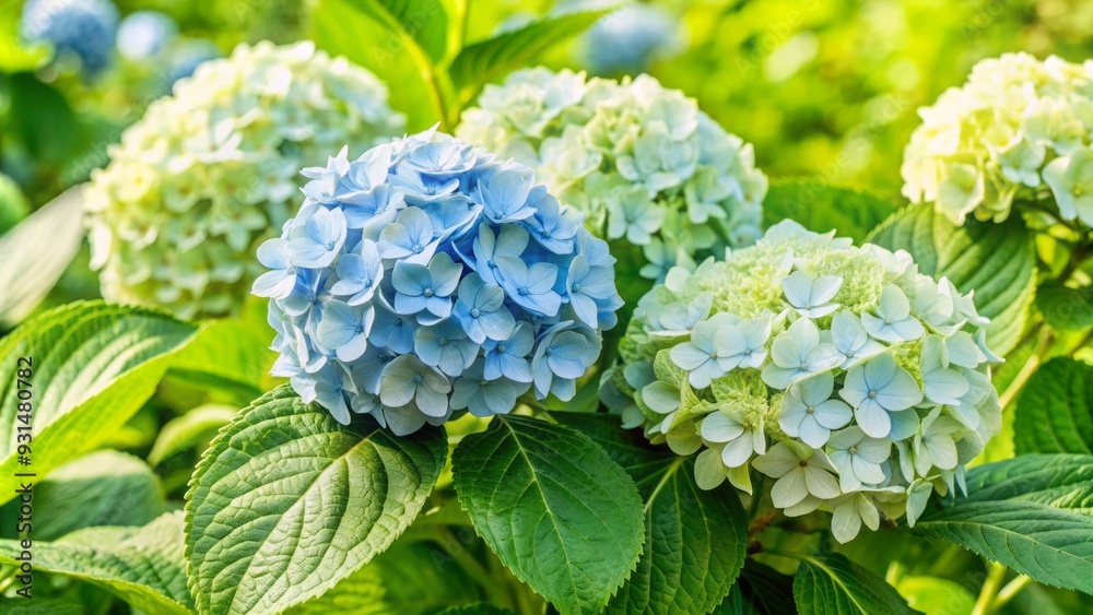 Delicate light blue hydrangea flowers bloom on a lush green bush with intricate stems and leaves, isolated on a transparent background for versatile use. Delicate light blue hydrangea flowers bloom on a lush green bush with intricate stems and leaves, isolated on a transparent background for versatile use.