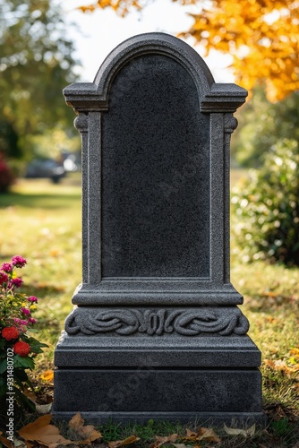 A black headstone with a white arch on top. The headstone is surrounded by a grassy area
