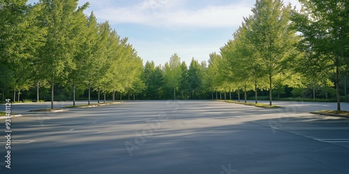 Fototapeta Naklejka Na Ścianę i Meble -  A parking lot with trees in the background. The trees are green and the sky is blue