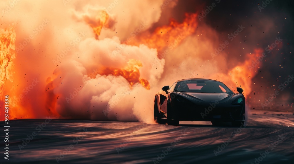 A sleek sports car drives through fiery smoke, against a backdrop of intense flames and dark shadows, embodying raw speed and power.