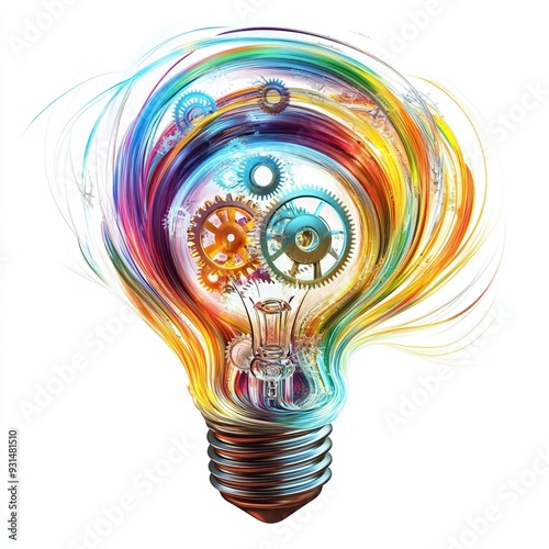 Vibrant 3D logo of a light bulb with multicolored gears inside, enveloped by dynamic swirling lines, representing the flow of creativity and idea generation, set against a clean white background photo