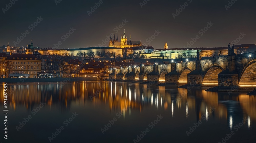 Charles Bridge illuminated at night, with the Prague Castle in the background and reflections in the calm Vltava River. Charles Bridge illuminated at night, with the Prague Castle in the background and reflections in the calm Vltava River.