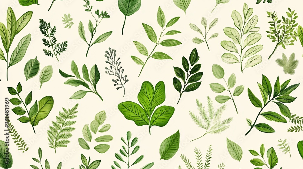 Seamless pattern of different leaf shapes and sizes with detailed textures in green Seamless pattern of different leaf shapes and sizes with detailed textures in green
