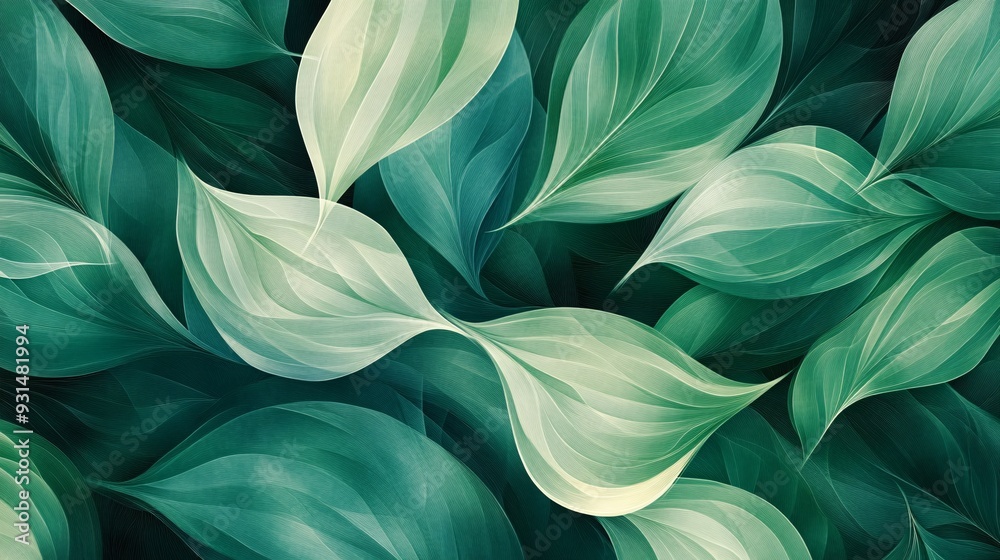 Abstract pattern of leaves with smooth curves and a mix of light and dark green tones Abstract pattern of leaves with smooth curves and a mix of light and dark green tones