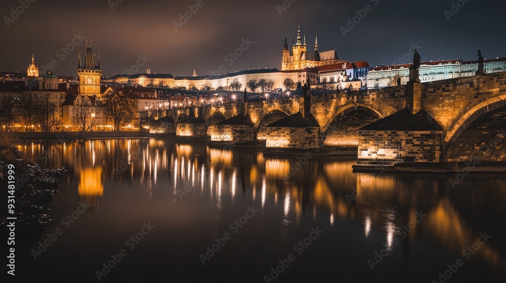 Obraz premium Charles Bridge illuminated at night, with the Prague Castle in the background and reflections in the calm Vltava River.