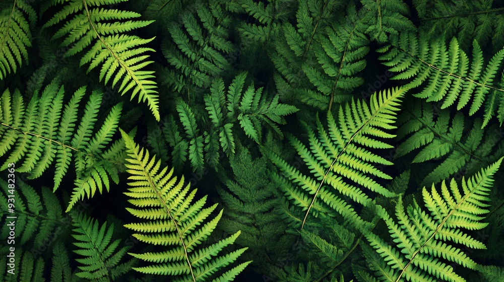 Repeating pattern of fern leaves with vibrant green hues on a dark background Repeating pattern of fern leaves with vibrant green hues on a dark background