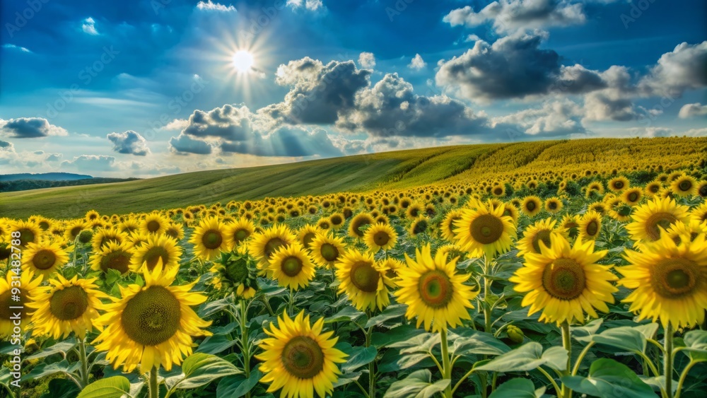 Obraz premium Vibrant yellow sunflowers stretch towards the sky, filling a vast, rolling hillside against a brilliant blue backdrop, capturing the essence of summer's warm serenity.