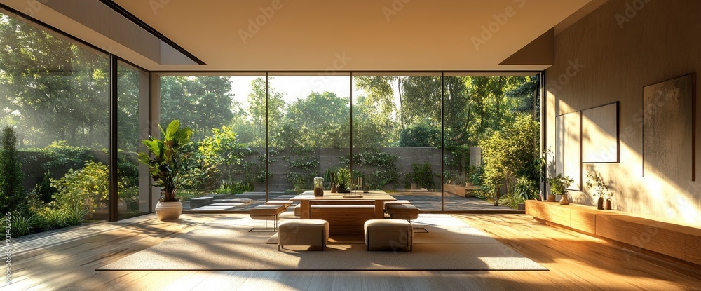 Fototapeta premium Modern Dining Room, Sleek Design, Comfortable Ambiance, Bright Natural Light