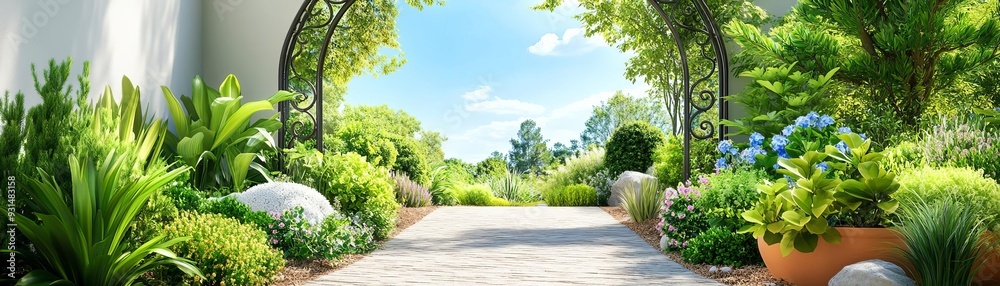 Garden path with a wrought iron archway entrance, inviting beauty, welcoming garden Garden path with a wrought iron archway entrance, inviting beauty, welcoming garden