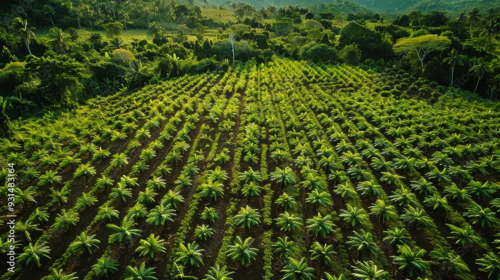 An expansive green plantation is captured from above, revealing its lush vegetation and neat rows of palm trees spread across a fertile landscape. An expansive green plantation is captured from above, revealing its lush vegetation and neat rows of palm trees spread across a fertile landscape.
