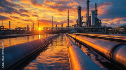 Sunset Over Industrial Pipelines and Refinery. Expansive view of industrial pipelines leading towards a refinery, with the sun setting behind, casting a warm glow over the scene.