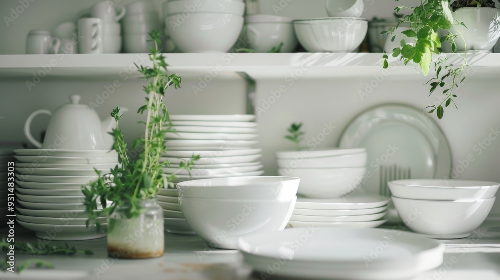 An elegant and serene kitchen shelf filled with neatly stacked white dishes, bowls, and cups, adorned with fresh green herbs, creating a refreshing and organized ambiance. An elegant and serene kitchen shelf filled with neatly stacked white dishes, bowls, and cups, adorned with fresh green herbs, creating a refreshing and organized ambiance.