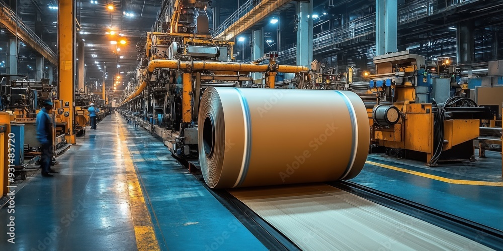 Automated Paper Roll Production in Factory. Massive roll of paper on a high-speed production line in an automated factory, with workers overseeing the process. Automated Paper Roll Production in Factory. Massive roll of paper on a high-speed production line in an automated factory, with workers overseeing the process.