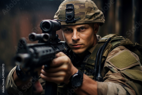 Portrait of american male soldier looking at camera generative AI