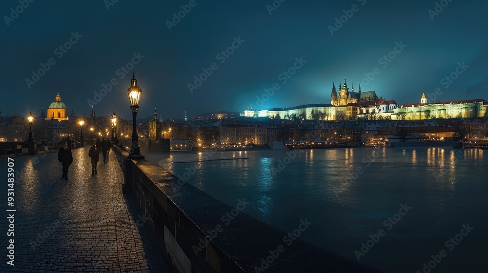 Nighttime panorama of Charles Bridge with illuminated towers, flowing river, and Prague Castle glowing in the distance. Nighttime panorama of Charles Bridge with illuminated towers, flowing river, and Prague Castle glowing in the distance.