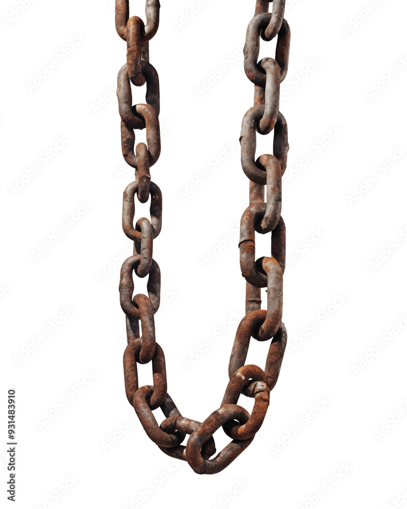 Obraz premium A strong, rusted metal chain isolated on a white background, showcasing its shiny, 3D links and emphasizing strength and connection