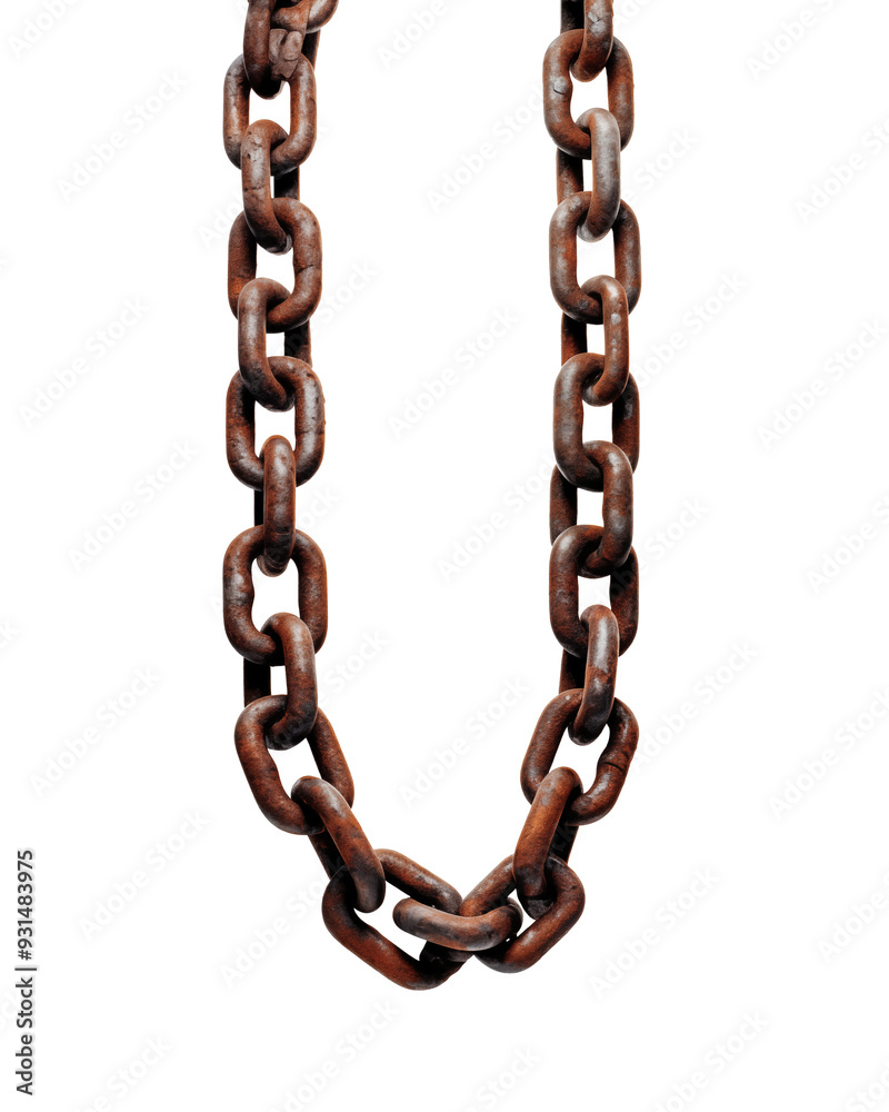 Obraz premium A strong, rusted metal chain isolated on a white background, showcasing its shiny, 3D links and emphasizing strength and connection