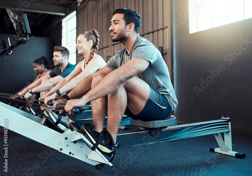 Fitness, class and man on rowing machine for health, wellness and body workout in gym. Exercise, healthy people and strong athlete on ergometer equipment for arms, cardio training and muscle growth