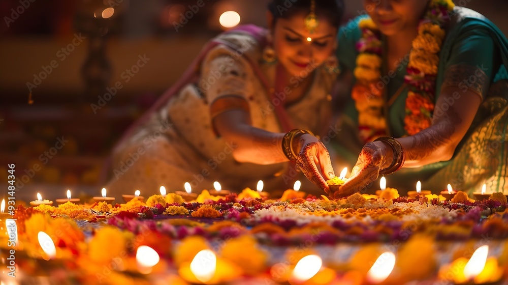 Diwali preparation An Indian man and his wife doing Diwali decorations Hindu festival floral decoration A cheerful young couple making a floral Rangoli with welllit colorful Diyas Fest : Generative AI