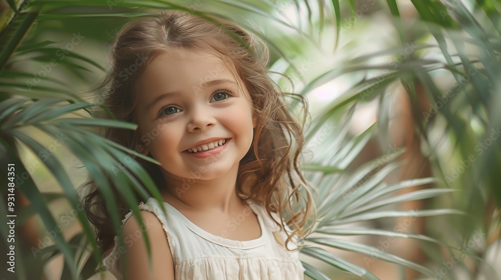 Little girl in the botanical garden a girl in a white dress laughs near palm leaves : Generative AI Little girl in the botanical garden a girl in a white dress laughs near palm leaves : Generative AI