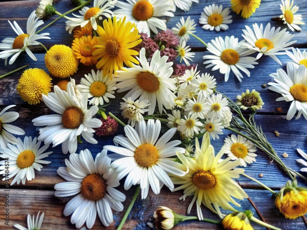 Obraz premium Vibrant blooms of white daisies and bright yellow flowers artfully scattered on a rich blue wooden surface, creating a sunny and uplifting still life composition.