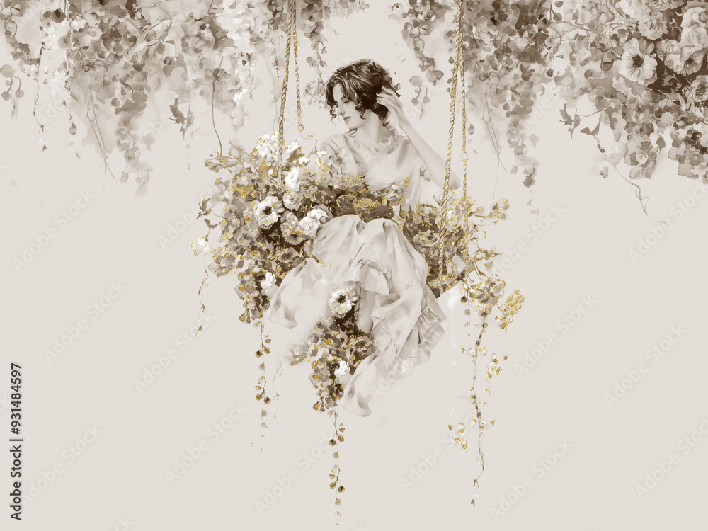 custom made wallpaper toronto digitalBeautiful woman with flowers on swings. Beige and gold. Illustration can be used for wallpaper, card, poster, decoration.