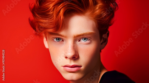 Portrait of a happy serious red-haired confident teenage guy with perfect skin, red background, banner.
