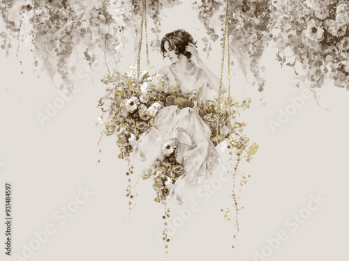 Wallpaper Mural Beautiful woman with flowers on swings. Beige and gold. Illustration can be used for wallpaper, card, poster, decoration. Torontodigital.ca