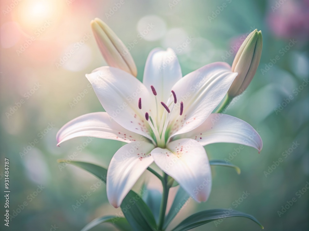 Delicate white lily flower blooms serenely on a soft matching background, surrounded by ample copy space, evoking feelings of purity, relaxation, and natural beauty. Delicate white lily flower blooms serenely on a soft matching background, surrounded by ample copy space, evoking feelings of purity, relaxation, and natural beauty.