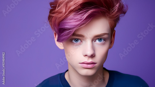 Portrait of a happy serious red-haired confident teenage guy with perfect skin, purple background, banner.