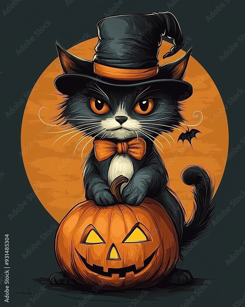 Cute cat wearing witches hat and sitting beside the halloween pumpkin. Generative Ai