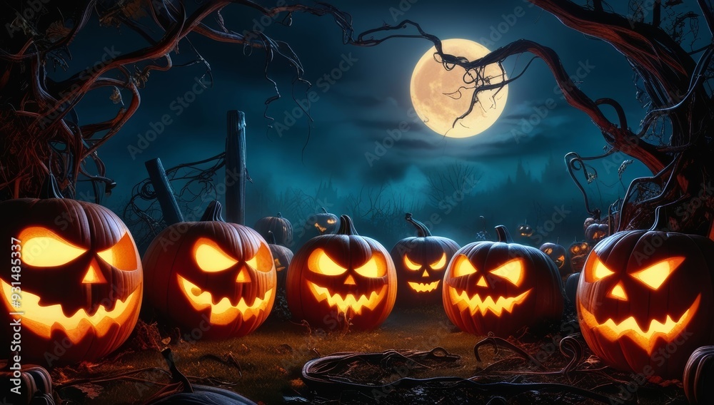 Jack O Lanterns carved with intricate swirling pattern Jack O Lanterns carved with intricate swirling pattern