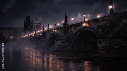 The majestic Charles Bridge at night with dimly lit street lamps and shimmering reflections on the Vltava River.