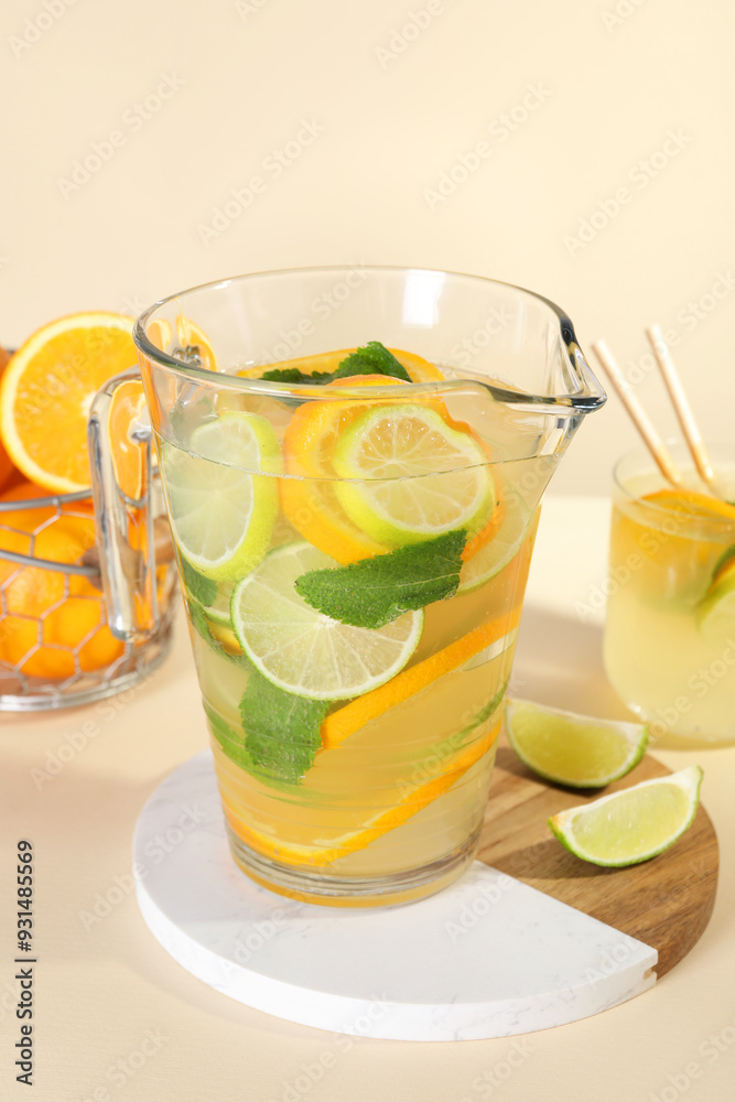 Fototapeta premium Freshly made lemonade with mint in jug and glass on beige background