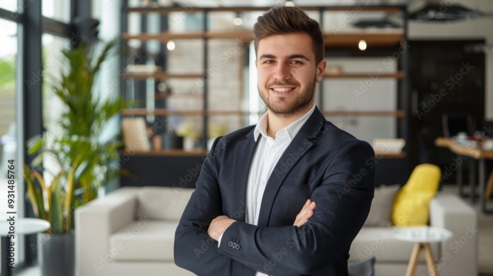 Smiling handsome businessman with crossed arms in modern office, young man exuding confidence, business success concept. Smiling handsome businessman with crossed arms in modern office, young man exuding confidence, business success concept.