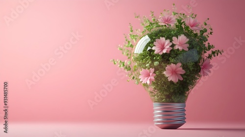 Lightbulb Filled with Greenery   Visualizing Ideas Blooming into Growth in Flat Design