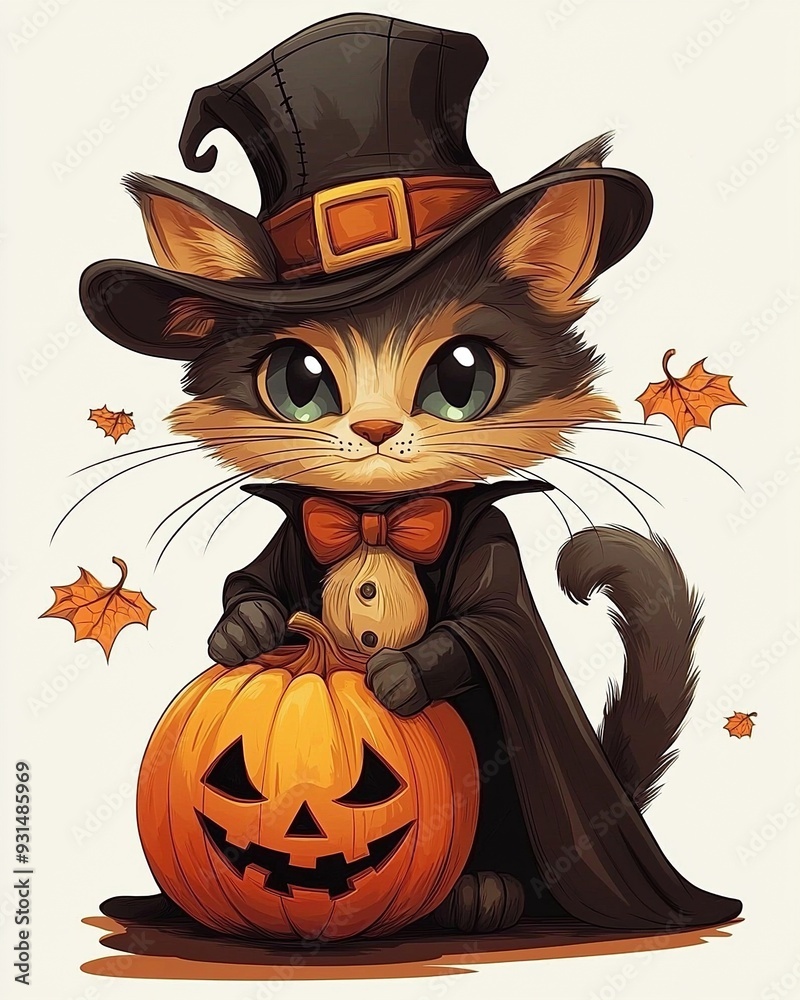 Cute cat wearing witches hat and sitting beside the halloween pumpkin. Generative Ai Cute cat wearing witches hat and sitting beside the halloween pumpkin. Generative Ai