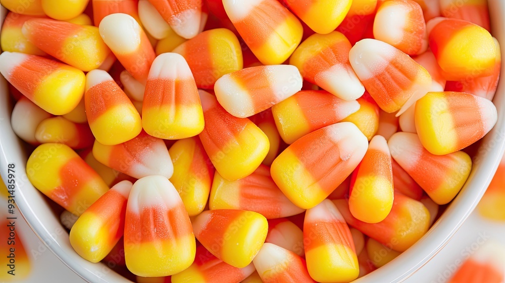 A bowl filled with mixed candy corns, close-up view showcasing the bright colors and sugary details A bowl filled with mixed candy corns, close-up view showcasing the bright colors and sugary details